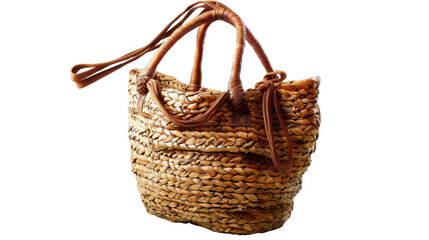 Obraz premium A woven straw tote bag with leather handles. The bag is perfect for summer outings.