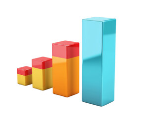 Abstract 3D bar graph with ascending bars in red, orange, yellow and blue colors.