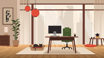 Modern zen home office with big window, home plant, computer and cat. Calm, roductive workplace in asian style with city view and creative atmosphere