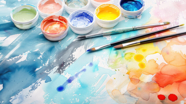 Colorful watercolor palette on table - A wholesome and cute image of a vibrant watercolor palette on a table - Powered by Adobe