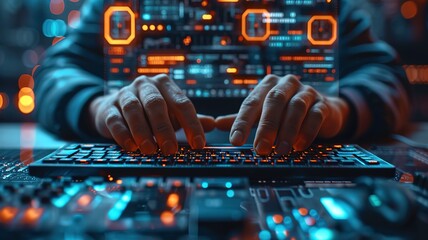 Cybersecurity concept, close-up of a hacker's hands typing on a futuristic keyboard with lines of code on a transparent screen.