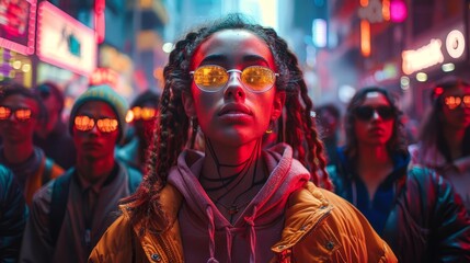 Obraz premium woman with dreadlocks and glasses in a crowded city