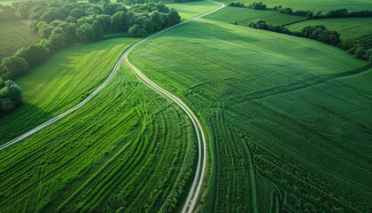 Aerial view of a lush, green landscape with winding dirt roads intersecting vast fields, bordered by dense forested areas under a bright sky.