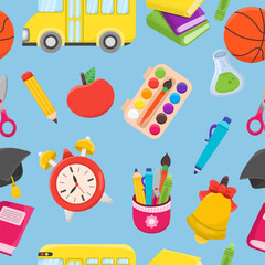  Back to school seamless pattern with different school elements. 