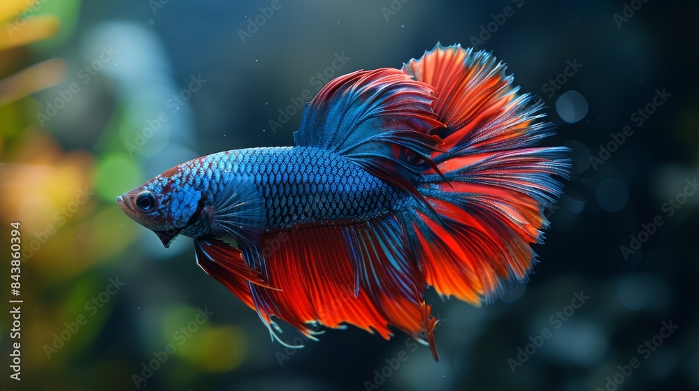 Wall mural Stunning betta fish with a shimmering blue body and fiery red and orange tail and fins, isolated in blue water