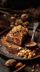 Piece of cake on a plate with a spoon, toffee sugar dessert, food background 
