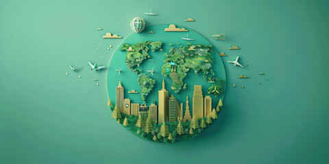 A green-themed illustration showcasing a sustainable city with nature, planes, and air balloons around a globe, promoting an eco-friendly and interconnected world.