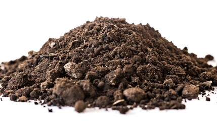 pile of rich soil scattered and isolated on white background gardening and agriculture texture