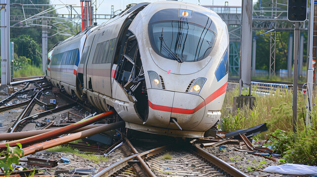 Massive train derail. Dramatic night scene of a head-on collision between two trains 