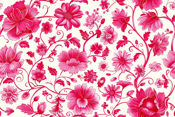 Intricate pink floral seamless pattern on white background