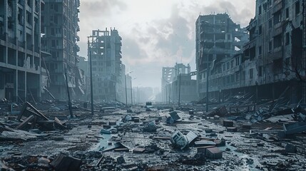 postapocalyptic ruins abandoned city streets in the aftermath of disaster 3d rendering
