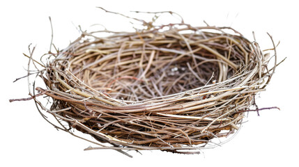 Obraz premium Empty bird nest made of twigs and branches, isolated on black background.