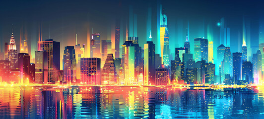 A modern cityscape with vibrant, colorful vector effects, side view, highlighting dynamic urban energy, futuristic tone, Complementary Color Scheme.