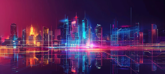 A modern cityscape with vibrant, colorful vector effects, side view, highlighting dynamic urban energy, futuristic tone, Complementary Color Scheme.