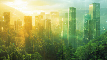 A futuristic cityscape at dawn, with tall skyscrapers emerging from a lush, green forest, blending urban development with natural surroundings under a golden sunrise.