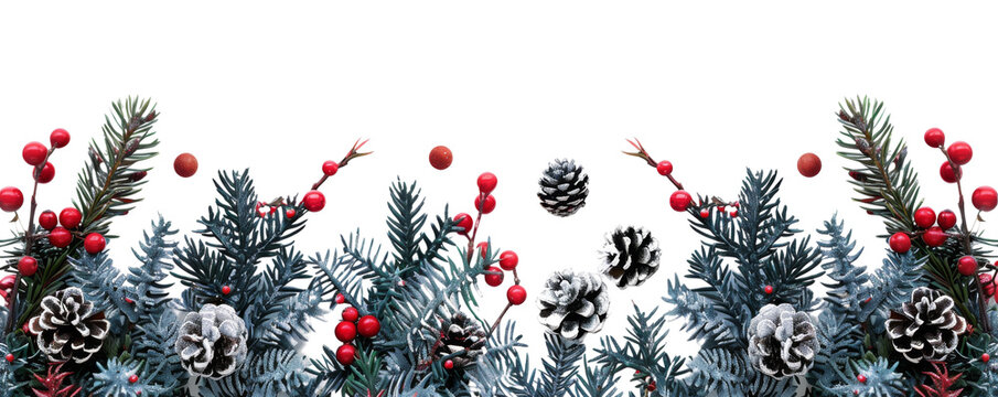 Festive evergreen garland with red berries and pine cones. - Powered by Adobe