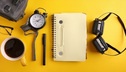 Flat lay modern workspace with office supplies on yellow background. Banner design for themes related to education, organization, and creative workspaces