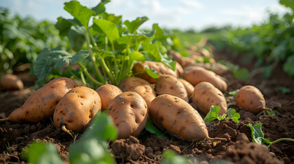 fresh sweet potato on the soil after harvest for growing sweet potato and organic products.