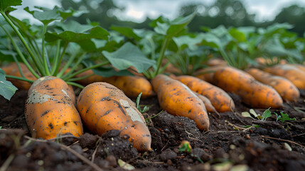 fresh sweet potato on the soil after harvest for growing sweet potato and organic products.
