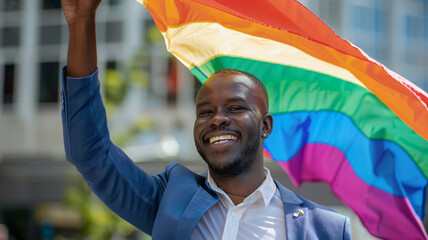 Fototapeta premium Happy african american black businessman waving a rainbow flag during pride month 