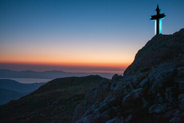 Fototapeta premium peak mountains destination point and pilgrimage sign symbol