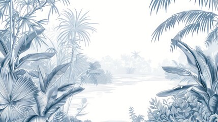 line drawing enchanting jungle tropical plants and trees wallpaper