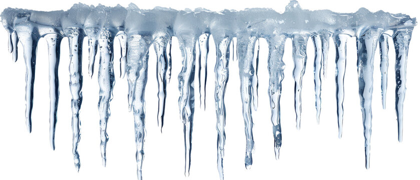 Icicle formation hanging from a roof edge.