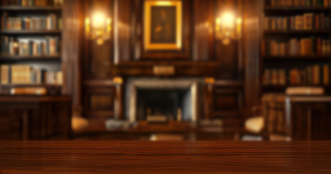 Classic library background. Blurred image of a classic library with wooden table for product placement, perfect for book marketing or educational themes.