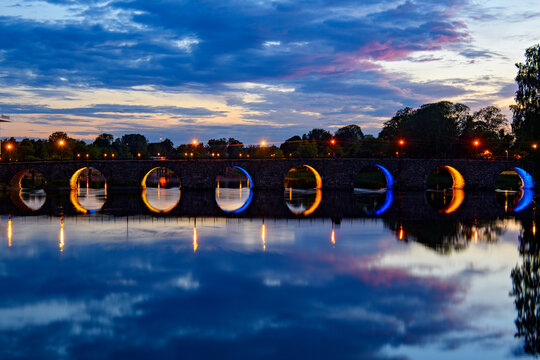 Sweden&rsquo;s longest arched stone bridge at sunset. Karlstad, Varmland, Sweden