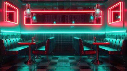 retro diner booth illuminated by teal and red neon lights nostalgic atmosphere digital illustration