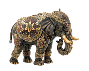 Ornate elephant statue with gold and jeweled decorations.