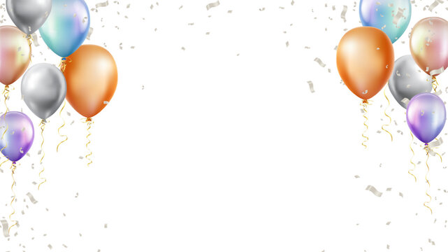 realistic glossy helium balloons and confetti. Celebration banner or background with birthday party background frame