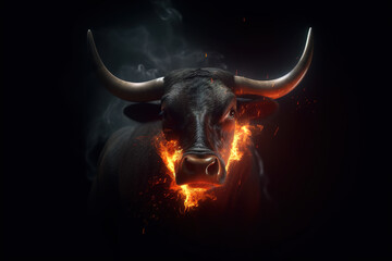 Fierce bull with flames snorting out, silhouetted against a black background. Wildlife Animals.