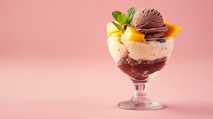 Ice cream in sundae mango pesta chocolate on pink background
