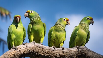 Four Green Parrots Sitting on a Tree with a Blue Sky in the Background