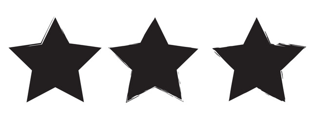 Star icons with grunge texture set. Vintage retro style. Design elements. Black silhouette, isolated on white and black background. Grungy artistic template. Distressed symbol. Paint brush. vector