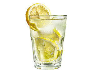 Refreshing glass of lemonade with ice and lemon slices.