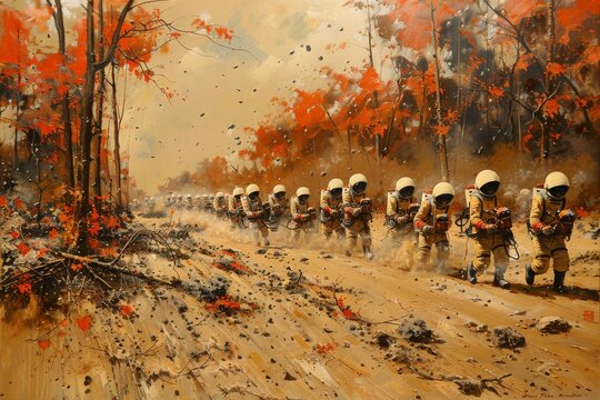 Astronauts Marching Through Autumn Forest Landscape