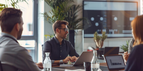A person measuring business results and communicating it to their team in the boardroom