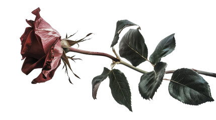 Single, wilted rose with dark green leaves on a black background.