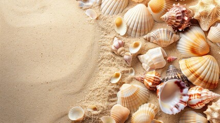 seashells on sandy beach background coastal decor copy space abstract photo