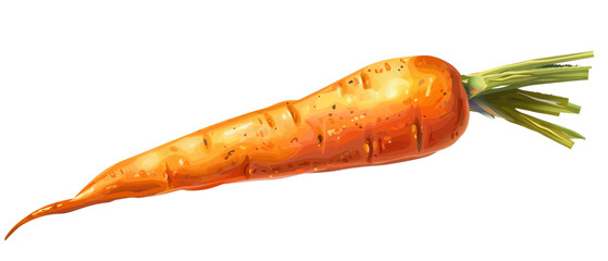 Single orange carrot with green leaves isolated on black background.