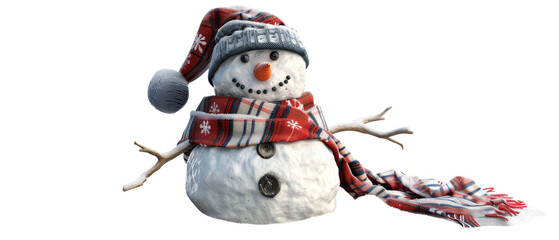 Smiling snowman wearing a red and white scarf and a blue hat.