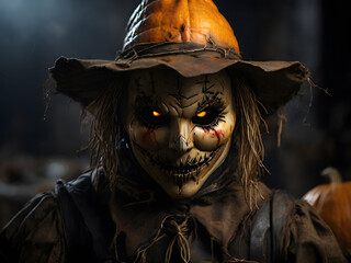 Scary Scarecrow horrific character of horror movies halloween thrilling dark stories