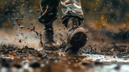 close-up of army boots passing through puddles
