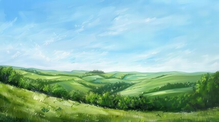 Naklejka premium serene countryside landscape with rolling green hills and clear blue sky oil painting