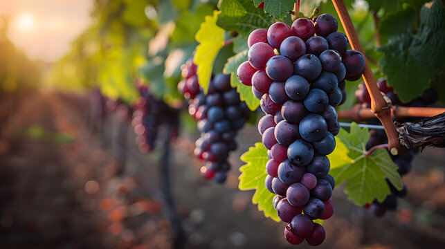 A cluster of ripe vibrant red grapes. The purple colour of the organic seedless grapes is growing and hanging on a fruit plant. The grape leaves on the plant are smooth and large 
