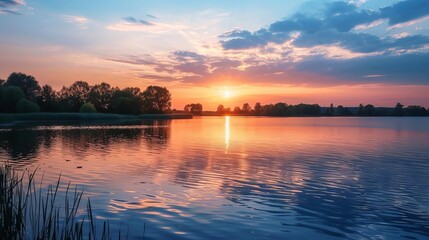 serene lakeside sunset with calm water and silhouette of trees landscape photography