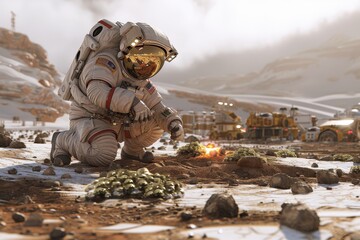 Naklejka premium Astronaut Kneeling on Martian Surface With Vehicles in Background