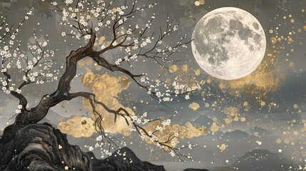 3d black and gold illustration of an old tree with flowers and moon wallpaper